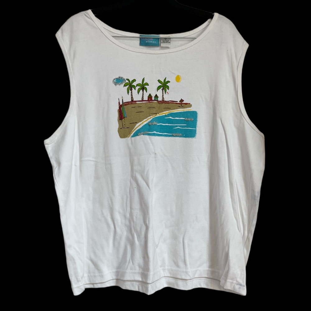 Onque Woman Beaded Beach Scene White Tank - Gorgeous & Unique Graphic - NWT - 2X